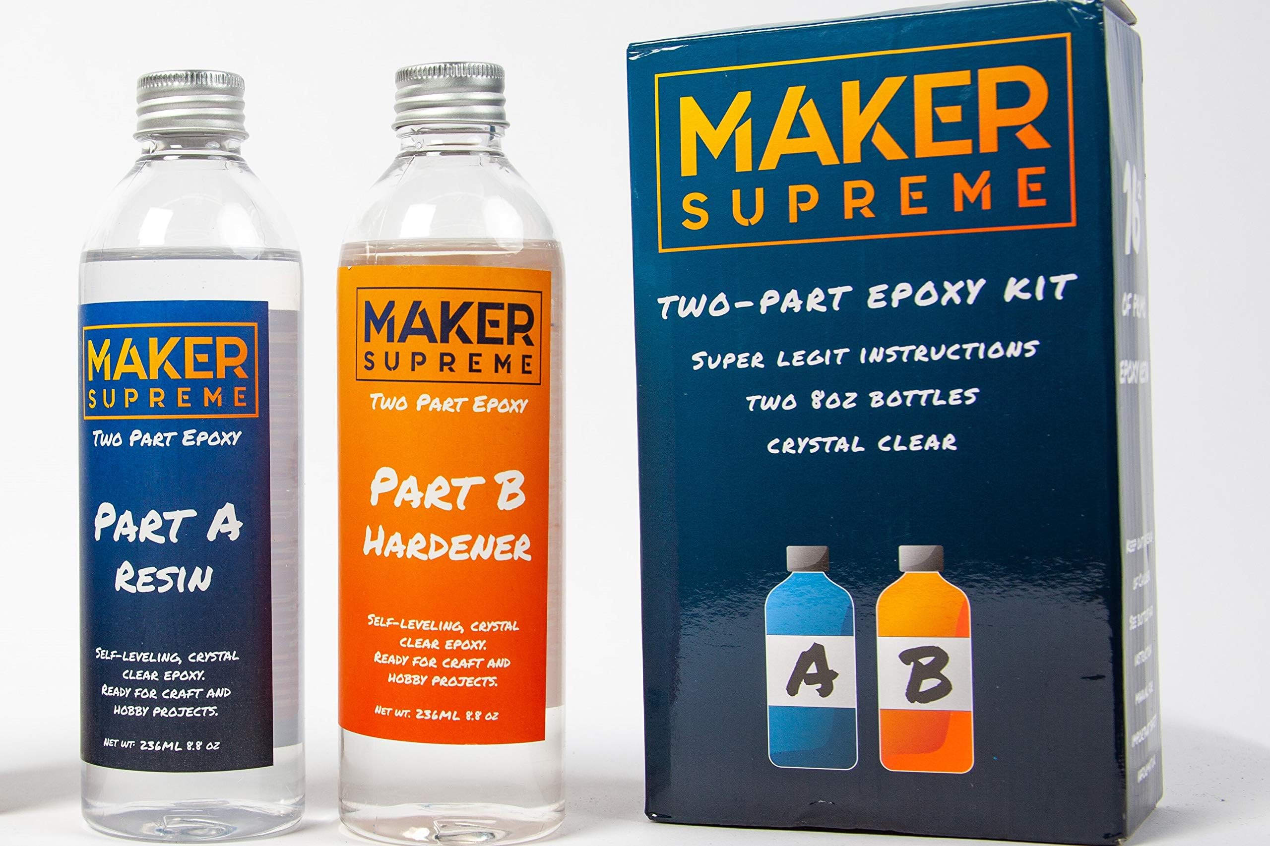 Maker Supreme Crystal Clear Epoxy - 2 Part Epoxy Resin Kit with Fun, Detailed Instruction Guide | 8 oz + 8 oz = 16 oz Total with 1:1 Ratio | Great Jewelry Resin, Craft Resin, or Art Resin