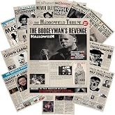 TYZZHOA 12Pcs Vintage Horror Movie Newspaper Article Poster Classic Scary Movie Character Poster Newspaper Art Prints Home Theater Set for Man Cave Living Room Bedroom Unframed 8X 10 Inch