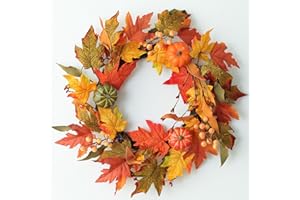 MIZII Fall Wreaths for Front Door 19 inch Yellow Fall Wreath with Artificial Maple Leaves Pumpkin Autumn Leaf Thanksgiving Halloween Harvest Door Decorations for Wall Porch Home Decor (Yellow)