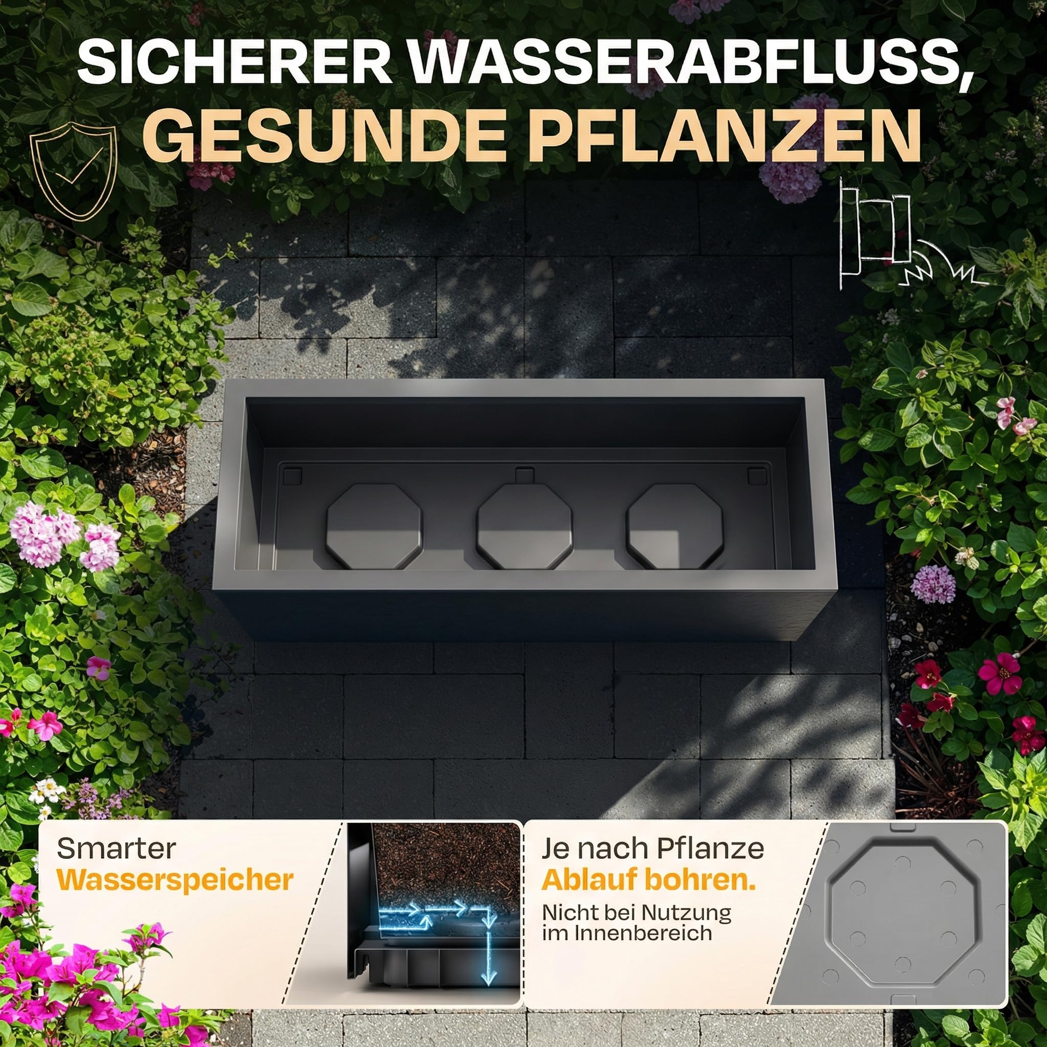 Ondis24 2X Pflanzkübel Vulkano, je 50L Pflanzvolumen, rechteckig, Blumenkasten mit Wasserspeicher, Balkon Terrasse, Blumenkübel, Doppelpack (Anthrazit) 4