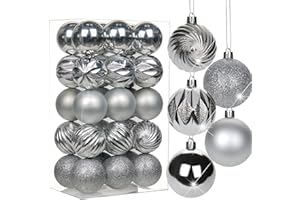 HOLLYONE 2.36" Christmas Ball Ornaments Silver 30 Pcs Small Shatterproof Christmas Tree Decorations Xmas Tree Christmas Ornaments Balls with Hanging Loop for Wedding Holiday Party Wreath Home Decor