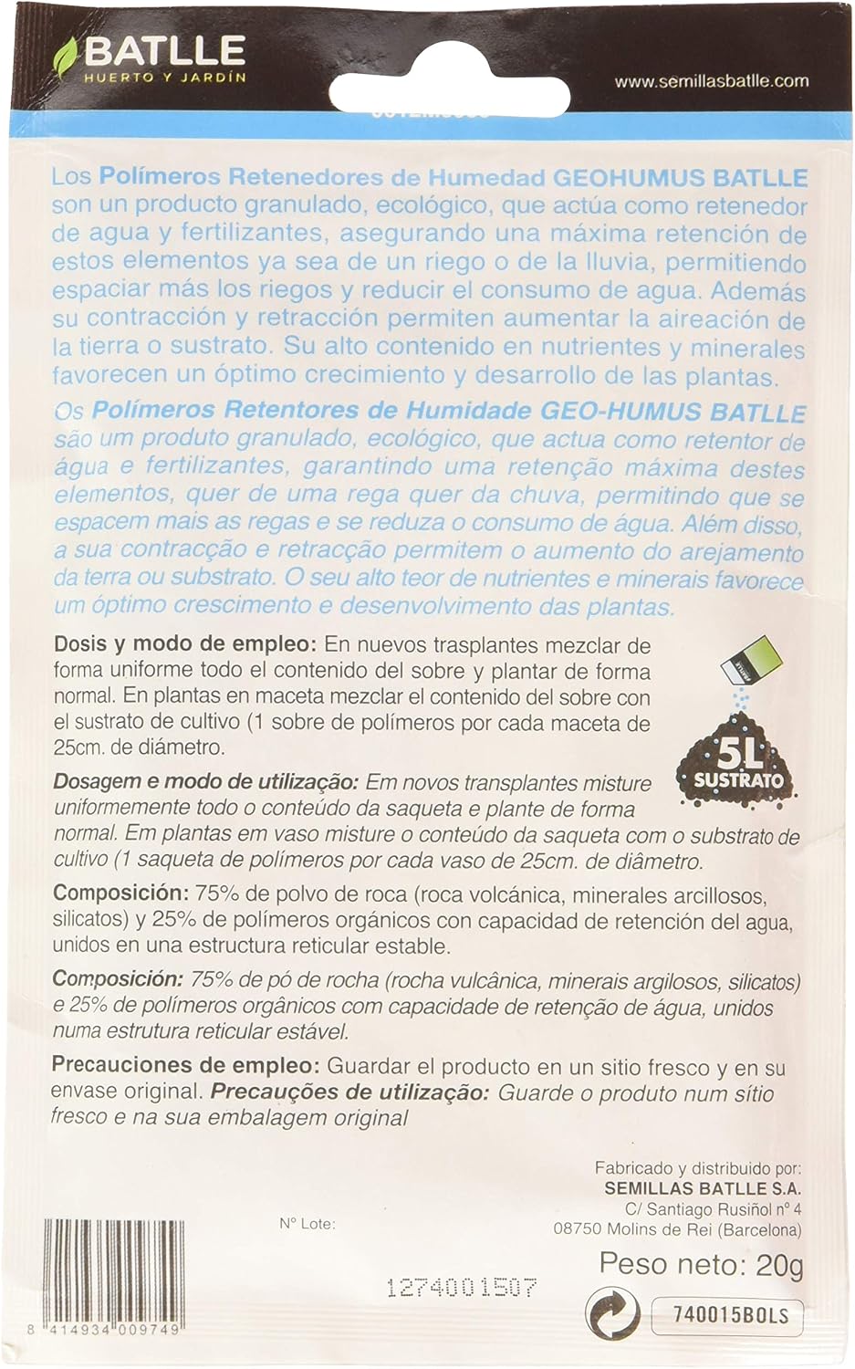 Batlle Polimeros retenedores de humedad, 5 l: Amazon.es: Jardín