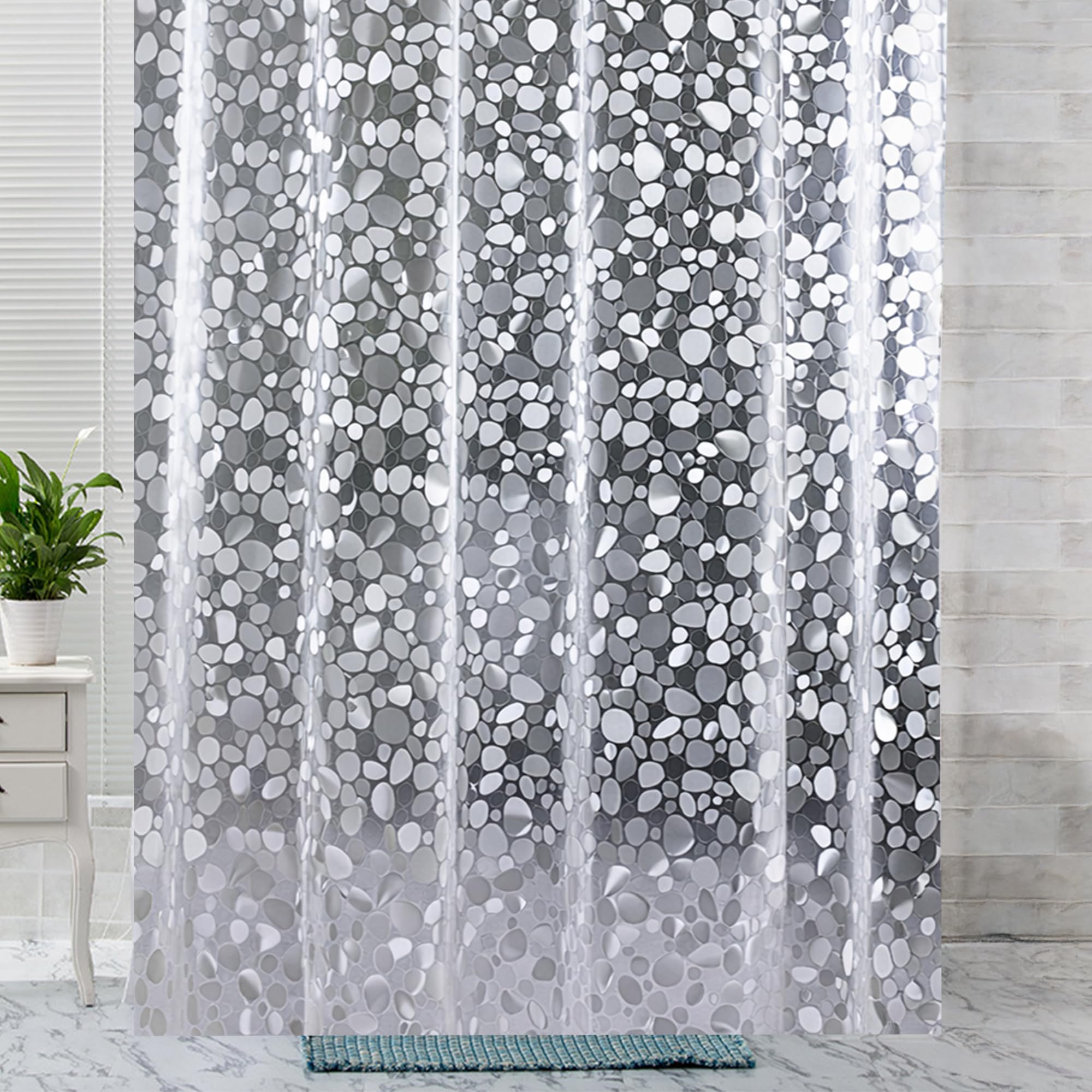 Trimming Shop 3D Pebbles Shower Curtain PVC Waterproof Bath Curtain, Mildew & Mould Resistant Bathroom Curtain Liner with Hooks, 180 x 200cm, Semi-Sheer Shower Drape