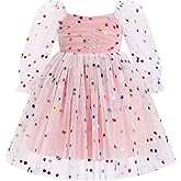 AWIBMK Kids Baby Girls Mesh Long Sleeve Birthday Princess Tulle Tutu Dress Square Neck Smocked Back Wedding Party Dress Pink Dots 6-12 Months