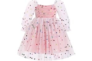 IMEKIS Toddler Girl Birthday Dress Floral Confetti Tulle Formal Wedding Party Long Sleeve Dress Cake Smash Photo Shoot
