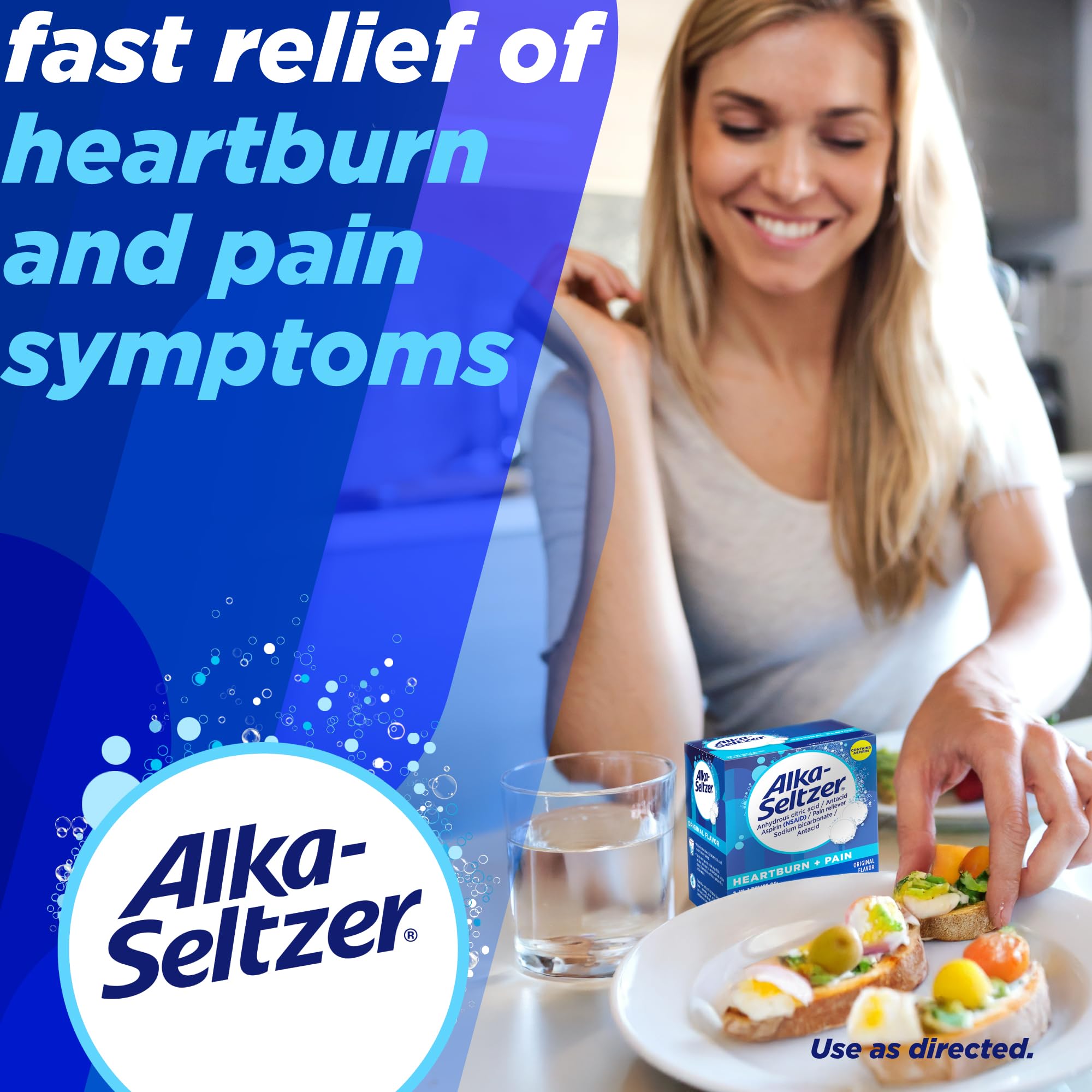 Alka-Seltzer Heartburn + Pain Effervescent Aspirin + Antacid Tablets, Fast Heartburn Relief and Acid Indigestion Relief, Pain Relief with Aspirin, 72 Ct