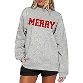SANIXJOO Merry Sweatshirts for Women Christmas Crewneck Fleece Lined Sweaters Chenille Sequin Letter Pullover Winter Tops
