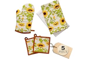 Muldale Sunflower Dish Towels and Pot Holders for Kitchen - 5 Pack - Oven Mitt Textiles Set - Sunflower - Sandringham Sunflower Kitchen Decor and Accessories