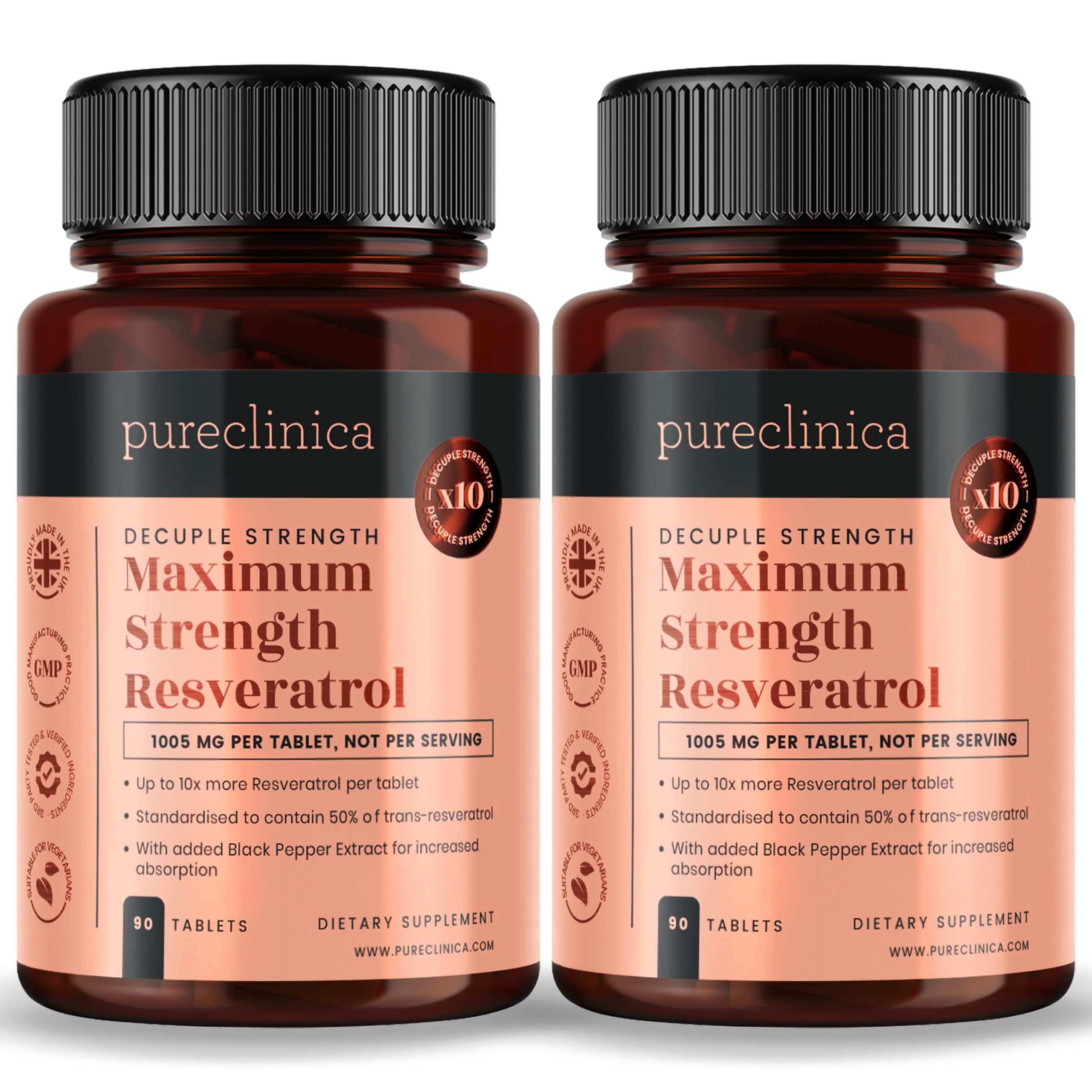 1000mg Resveratrol x 180 Tablets (2 Bottles of 90) - 6 Months’ Supply. 10 x Strength w/Black Pepper Extract