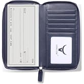 HISCOW Leather Checkbook Cover, Zippered Wallet with Card Slots, Dark Blue | Full grain cowhide, 5cc &amp; ID window, personal check book &amp; register pockets, removable duplicate divider, women secure zipper