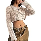 SHENHE Women's Cable Knit Cropped Sweater Ripped Long Sleeve Crewneck Fall Sweater Pullover