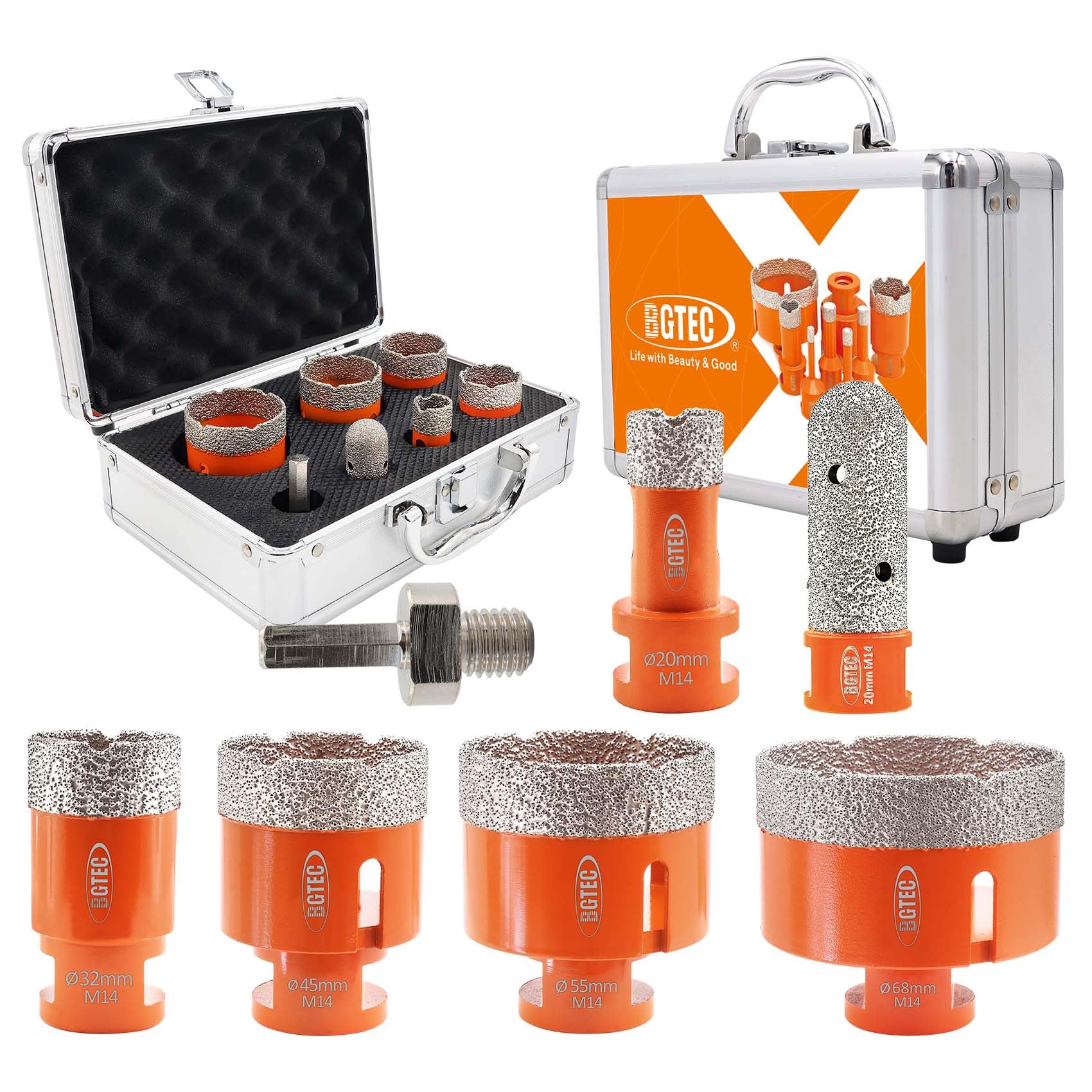 BGTEC Diamond Core Drill Bits Set - 8pcs(6/8/20/25/35/35/50mm Hole Saw Drill+10mm Finger Bit+Hex Shank Adapter) with M14 Thread for Porcelain Ceramic Tile Granite Marble Masonry Granite Stone — image 1