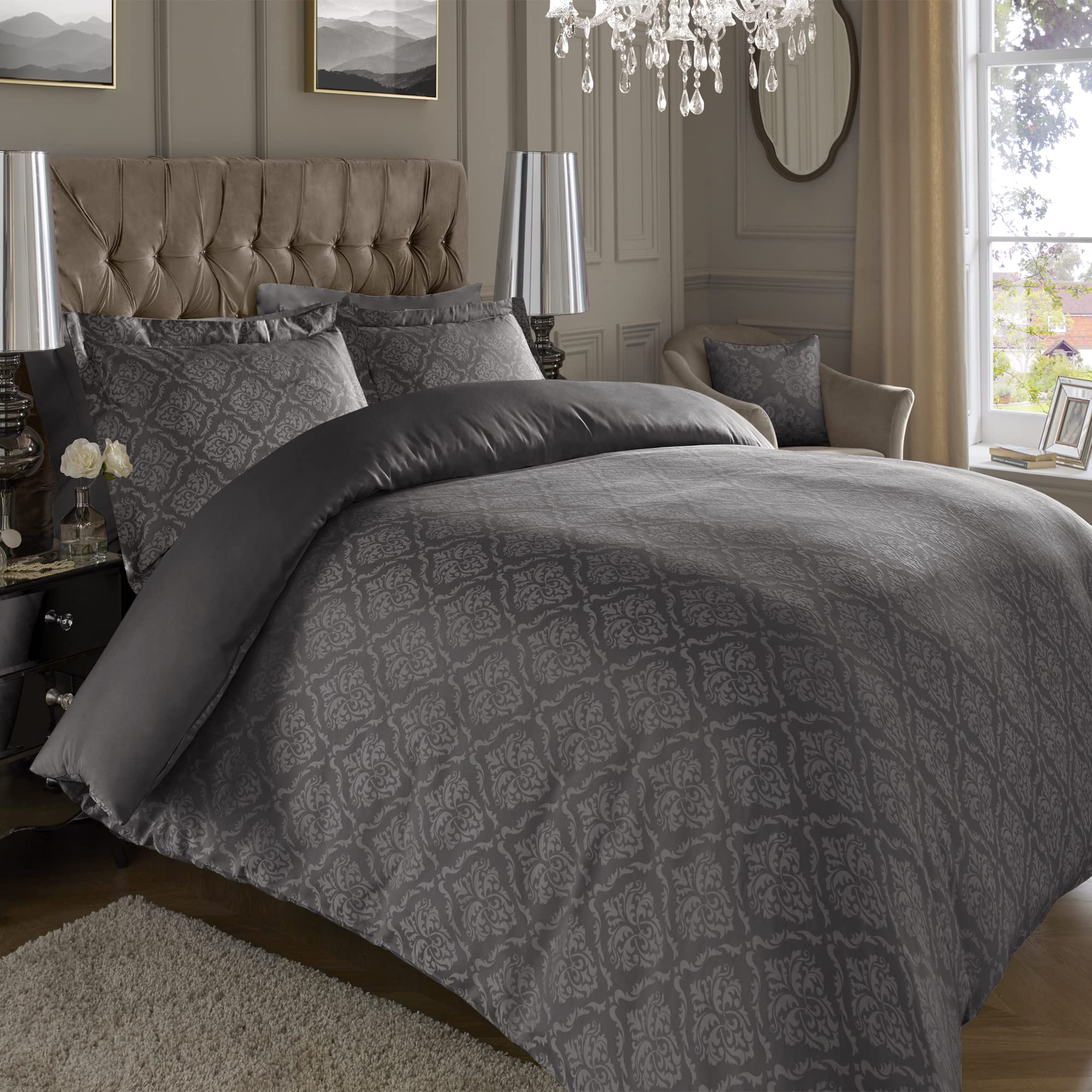 ED Luxury 600 Thread Count Jacquard Duvet Cover 3 Piece Set | Super Soft Cotton Rich & Warm Bedding | Damask Pattern Quilt Cover (Super King, Dark Grey Ornamental)