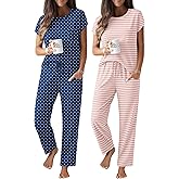 Ekouaer 2 Packs Pajamas for Women Set Cap Sleeve Top and Pants Soft Sleepwear Comfy Pjs Set with Pockets Lounge Set
