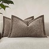 vivrudil Decorative Chenille Luxury Throw Pillow Covers with Wide Edge, Textured Lumbar Pillowcases, Soft Velvet Cushion Cover Home Décor for Couch Sofa Chair Living,12×20 Inch, Set of 2, Taupe