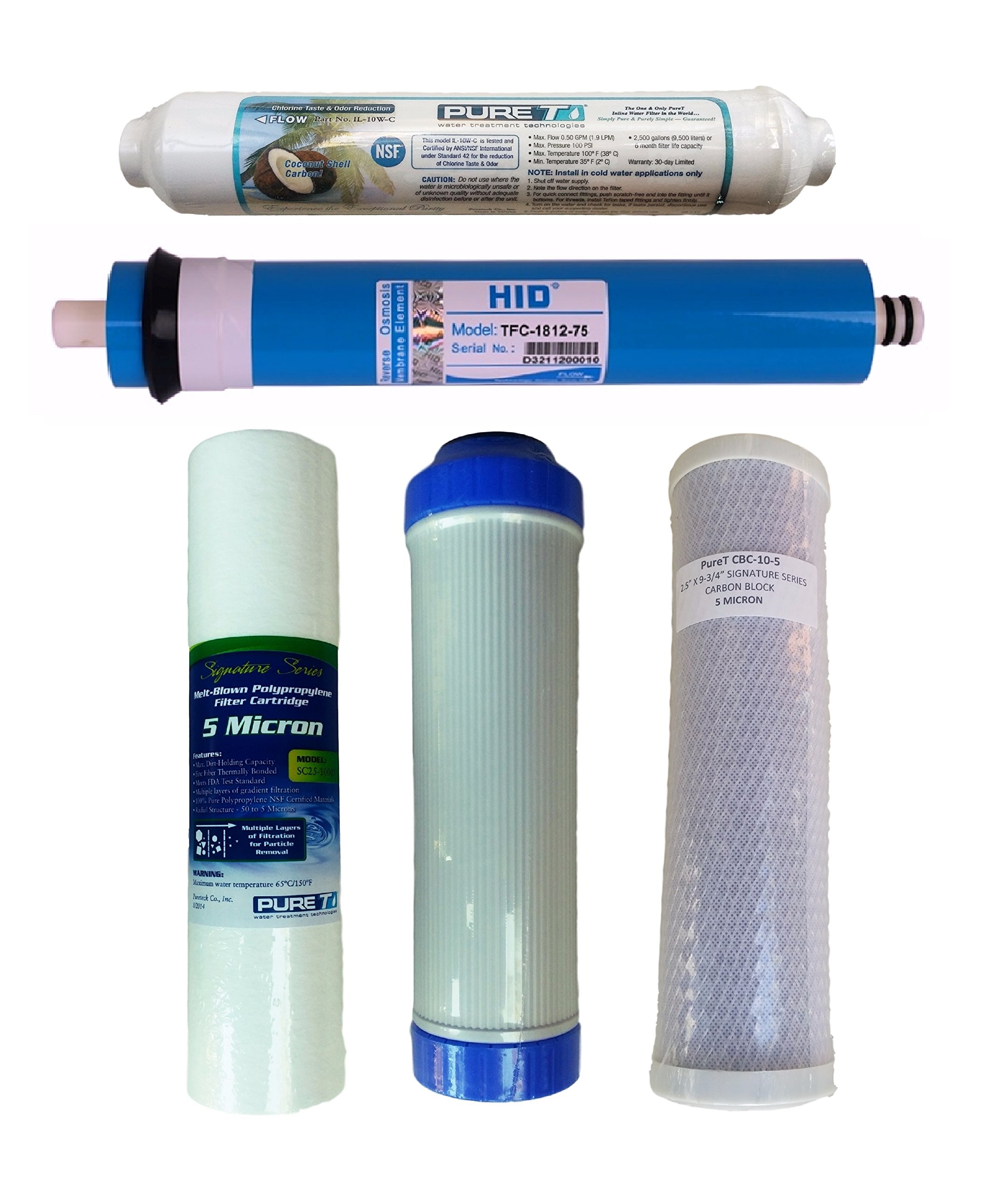 Water Filter Set with RO Membrane, 75 GPD Membrane, for 5 Stage System