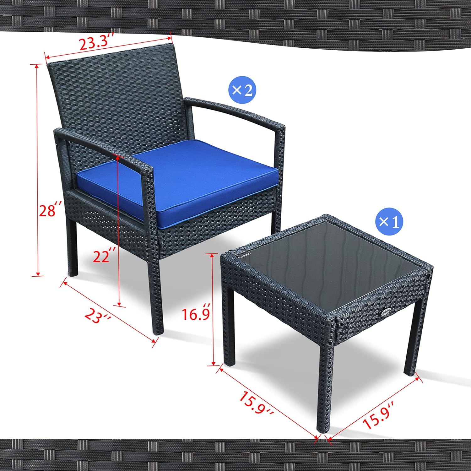 PAOLFOX 3 Pieces Patio Rattan Furniture Set,Outdoor Conversation Set w/Weather Resistant Cushions Tempered Glass Tabletop for Garden, Lawn Pool, Backyard, Poolside (Blue): Garden & Outdoor
