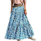 YESNO Women's Summer Boho Floral Maxi Skirts Casual Flowy Tiered A-Line Elastic Waist Skirt with Pockets SK0