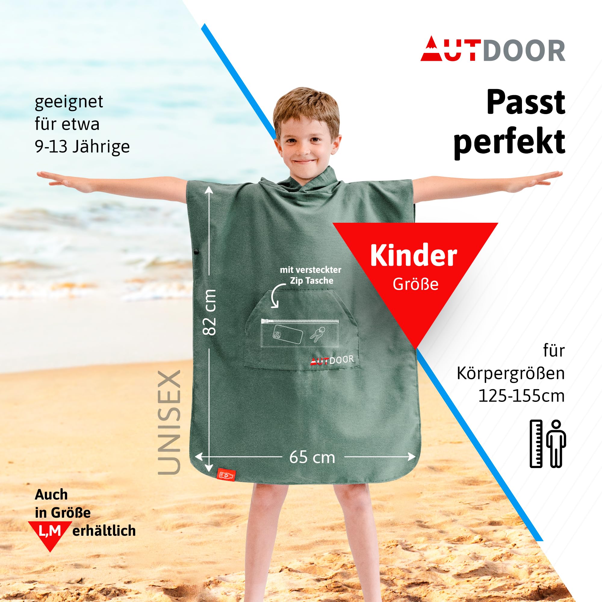 AUTDOOR® Mikrofaser Badeponcho Damen & Herren - nachhaltig aus 100% recycelten PET-Flaschen - Handtuch als Umziehhilfe für Strand und Wassersport - schnelltrocknend & kompakt (Grün, Kids) 4