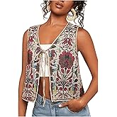 Verdusa Women's Boho Floral Vest Tie Front V Neck Sleeveless Festival Western Outwear Jacket
