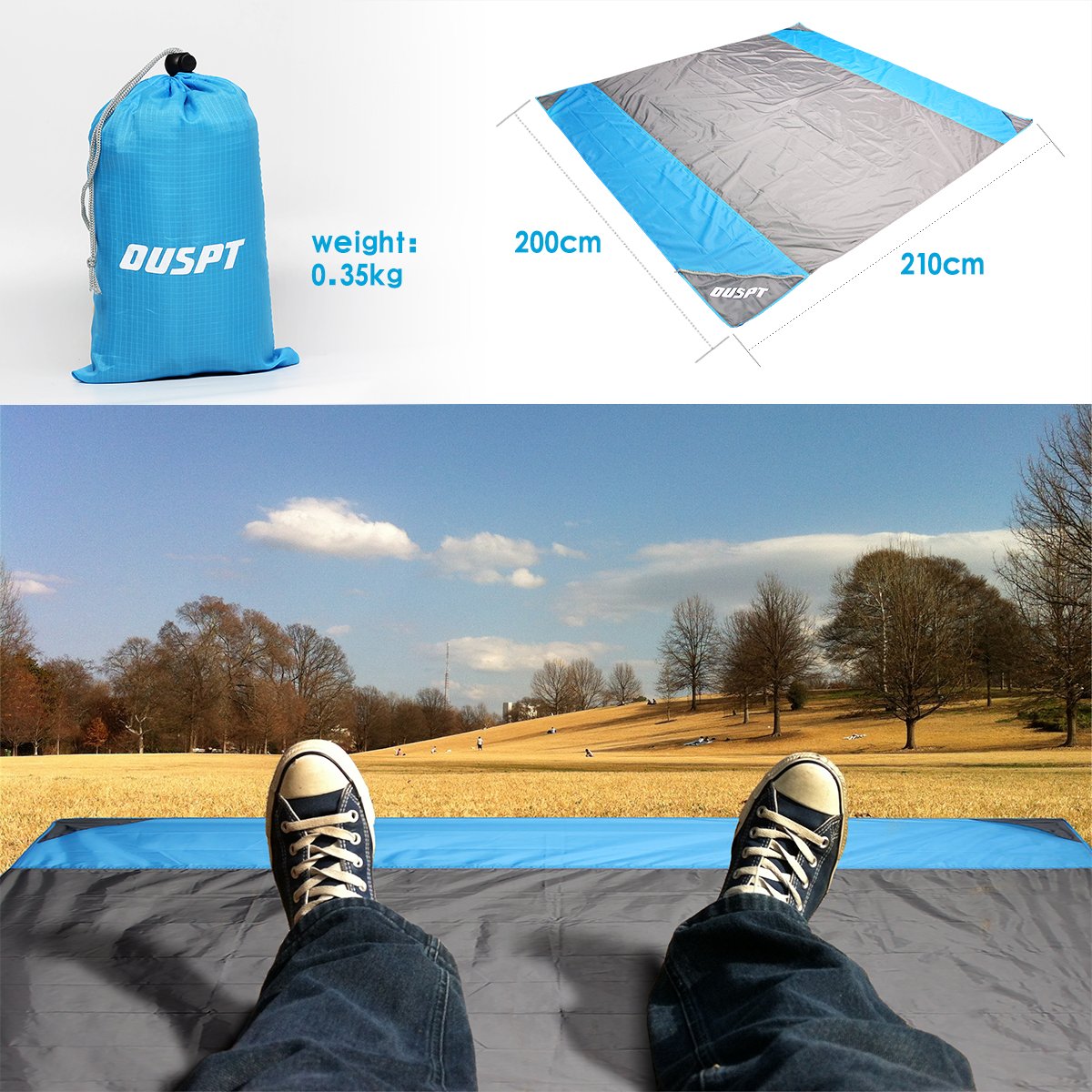 OUSPT Large Beach Blanket Sand Free Beach Mat Built in Sand Anchors & Zippered Valuables Pocket 6.6\' x 6.9\' Pocket Blanket Moisture Resistant Polyester Fast Dry Blue