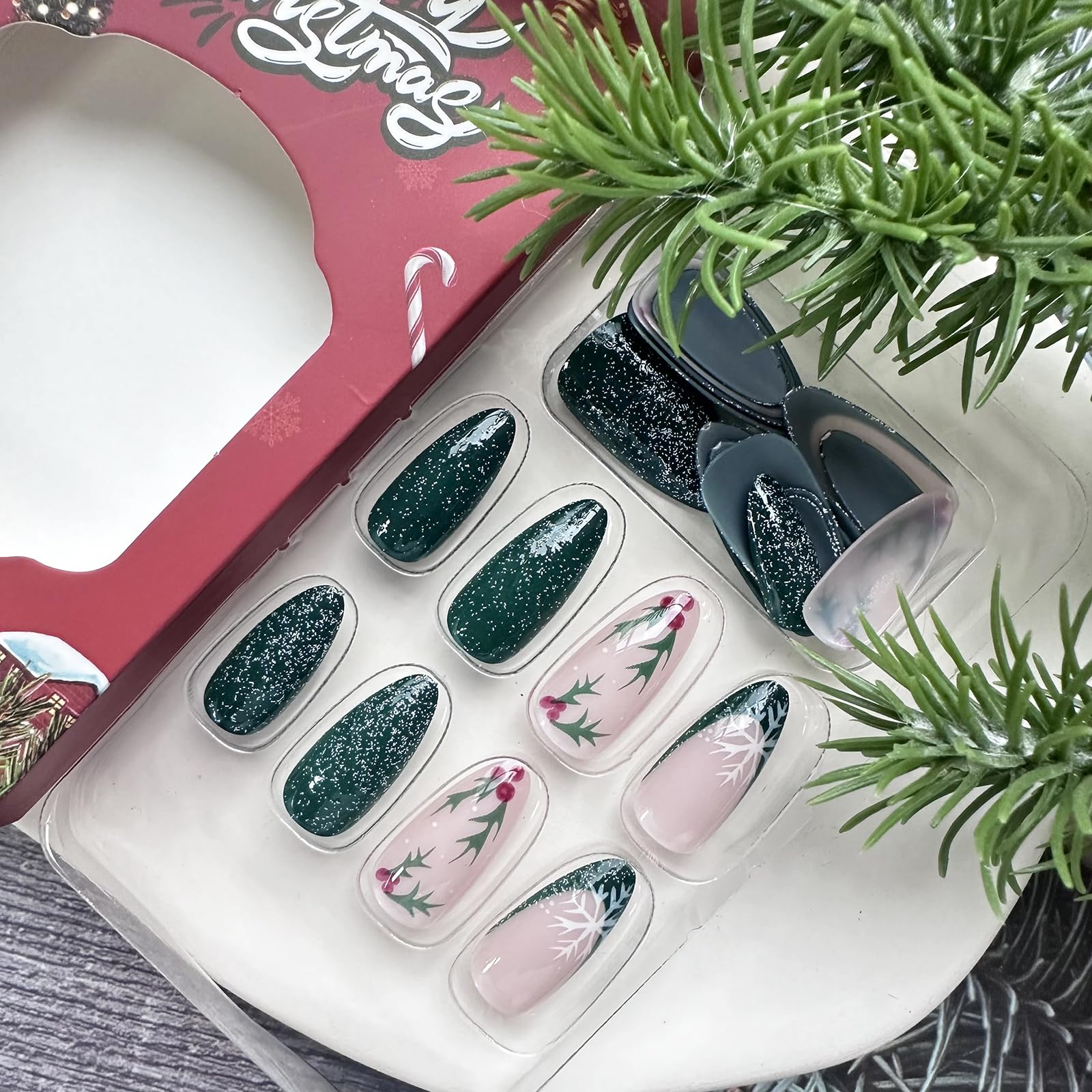 Christmas Press on Nails Almond Green Glitter Fake Nails Medium French Tip False Nails with Snowflake Designs Acrylic Nails Xmas Glue on Nails Glossy Medium Artificial Nails Stick on Nails for Women - Image 3