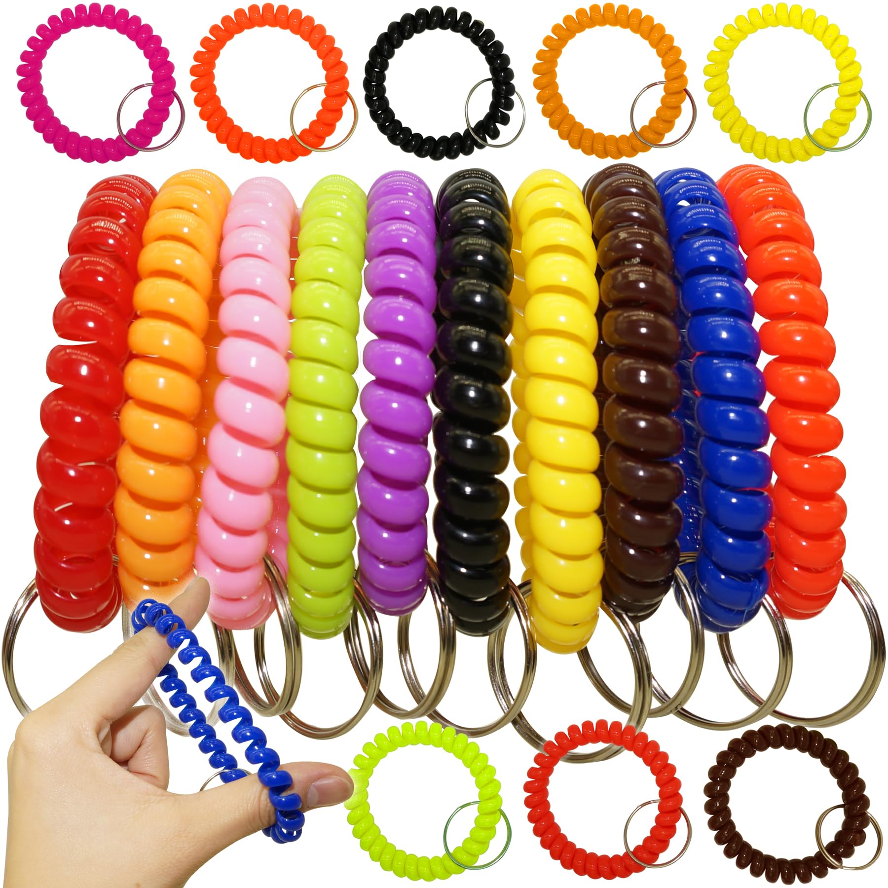 10 Pcs 10 Assorted Colors Flexible Spiral Coil Wristband Key Ring Chain Colorful Stretchable Spring Coil Wrist Band Key Holder for Gym, Office, Shopping, ID Badge, Sauna and Pool