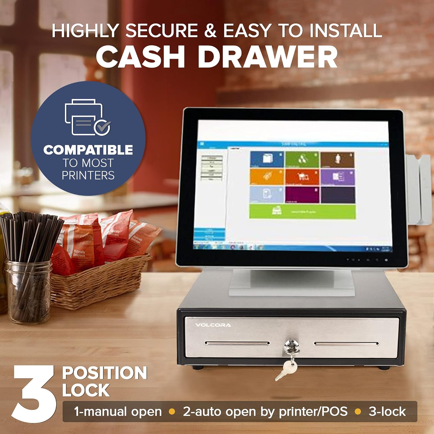 Mini Cash Register Drawer 13” for Point of Sale (POS) System - Black with Stainless Steel Front - Fully Removable 2 Tier Cash Tray, 4 Bill/5 Coin, 24V, RJ11/RJ12 Key-Lock, Double Media Slot : Electronics