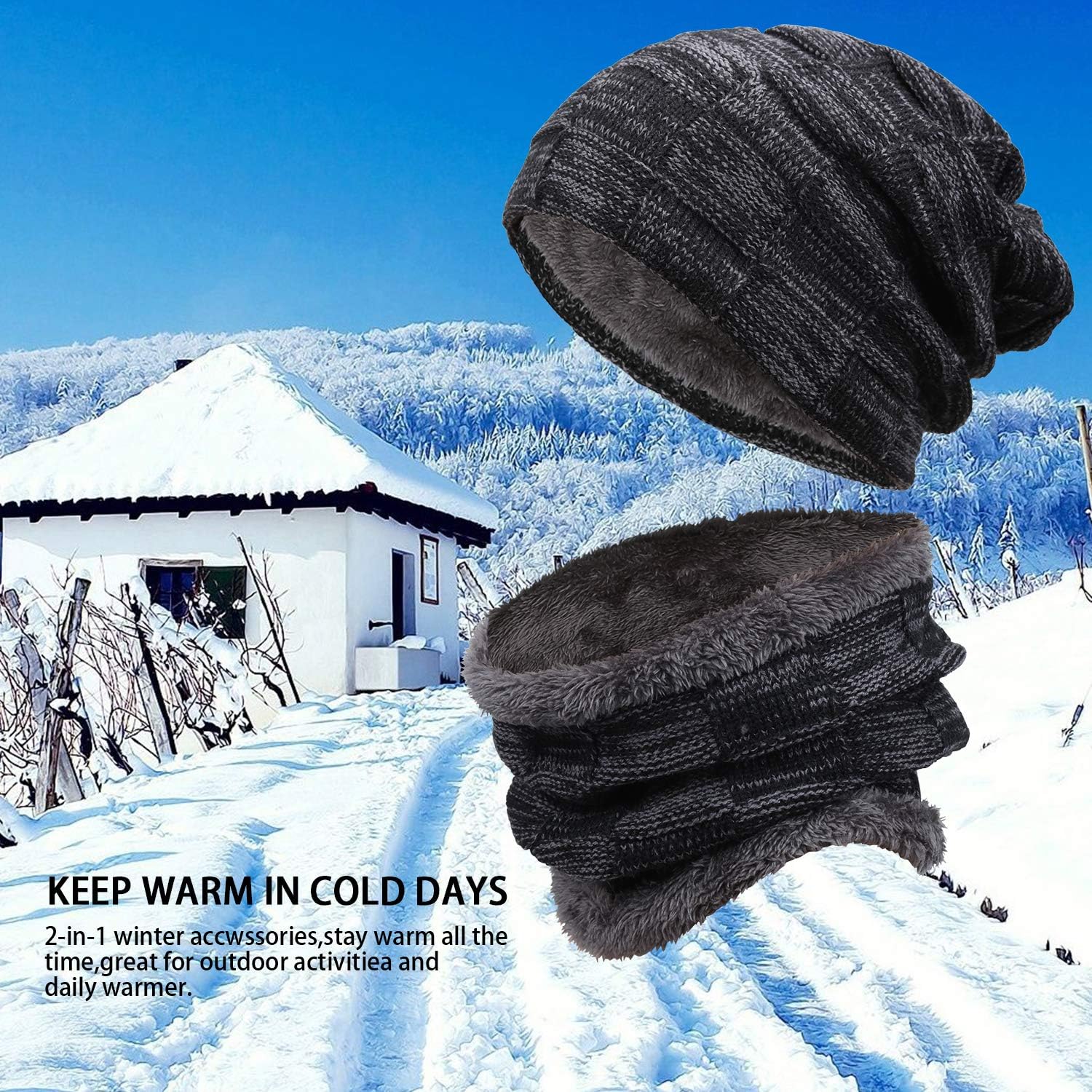 Winter Beanie Hats Scarf Set Warm Knit Hats Skull Cap Neck Warmer with Thick Fleece Lined Winter Hat & Scarf for Men Women at  Men’s Clothing store
