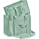 BESBESME Women’s Canvas Tote Bag with Zipper and Compartments – Multi-Pocket Laptop Work Crossbody Shoulder Tote Purse