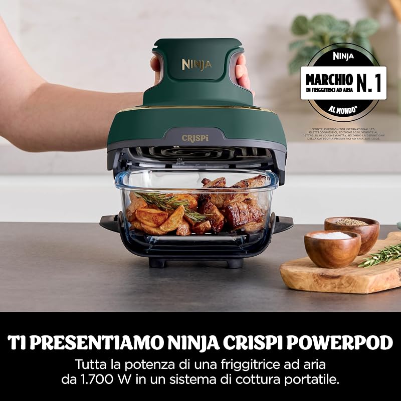 CRISPi Friggitrice ad aria portatile 4 in 1, 3,8L / 2,3L / 1,4 L, : frigge, arrostisce, mantiene caldo, dora, compatta, 6 porzioni, 3 contenitori in vetro con coperchi, 1700 W, verde, FN103EUGN — foto 2 di 8