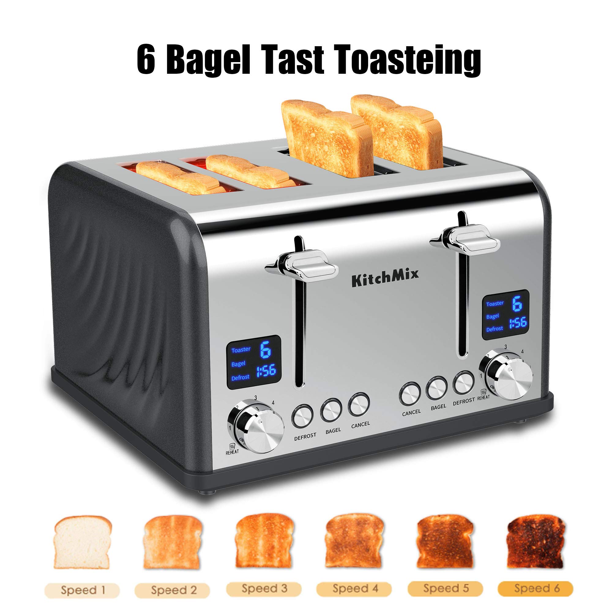 KitchMix Tostadora de 4 rebanadas, tostadora de bagel de acero inoxidable con temporizador LCD, ranuras extra anchas, pantalla doble, bandeja para migas extraíble (gris)