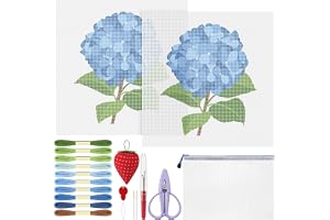 XunYee 25 Pcs Hydrangea 18 Mesh Needlepoint Canvas Kit Hand Painted Canvas Craft Set for Beginner Adult 2 Pcs Hydrangea Pattern Embroidery Cloth 7.8 Inch Needle Threader Pincushion Scissor Seam Ripper