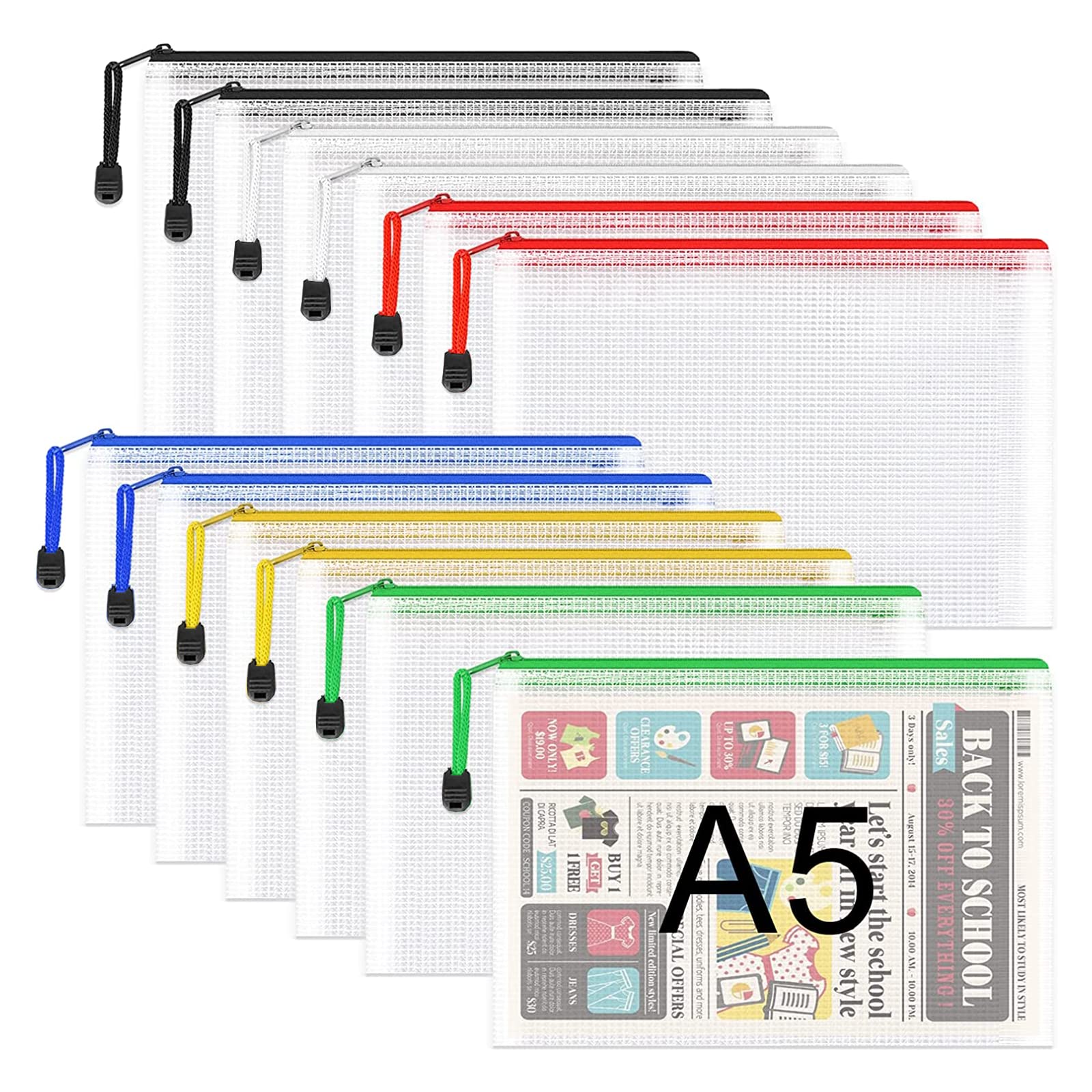 A5 Plastic Zip Folders - 12PCS A5 Mesh Zipper Pouch Plastic Zip Lock Bags Document Wallets File Zipper Bags Travel Storage Pouch for Office Supplies and Travel Accessories