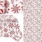 JarThenaAMCS 52 Inch x 100 Ft Christmas Plastic Tablecloth Roll White Red Swirl Peppermint Candy Cane Disposable Table Cover Rectangle Table Cloth for Xmas Home Party Decoration