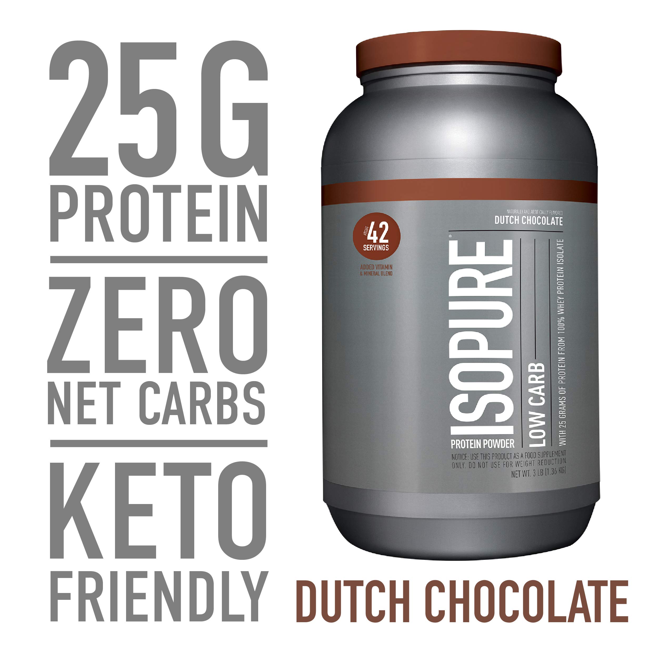 Isopure Low Carb, Keto Friendly Protein Powder, 100% Whey Protein Isolate, Flavor: Dutch Chocolate, 3 Pounds