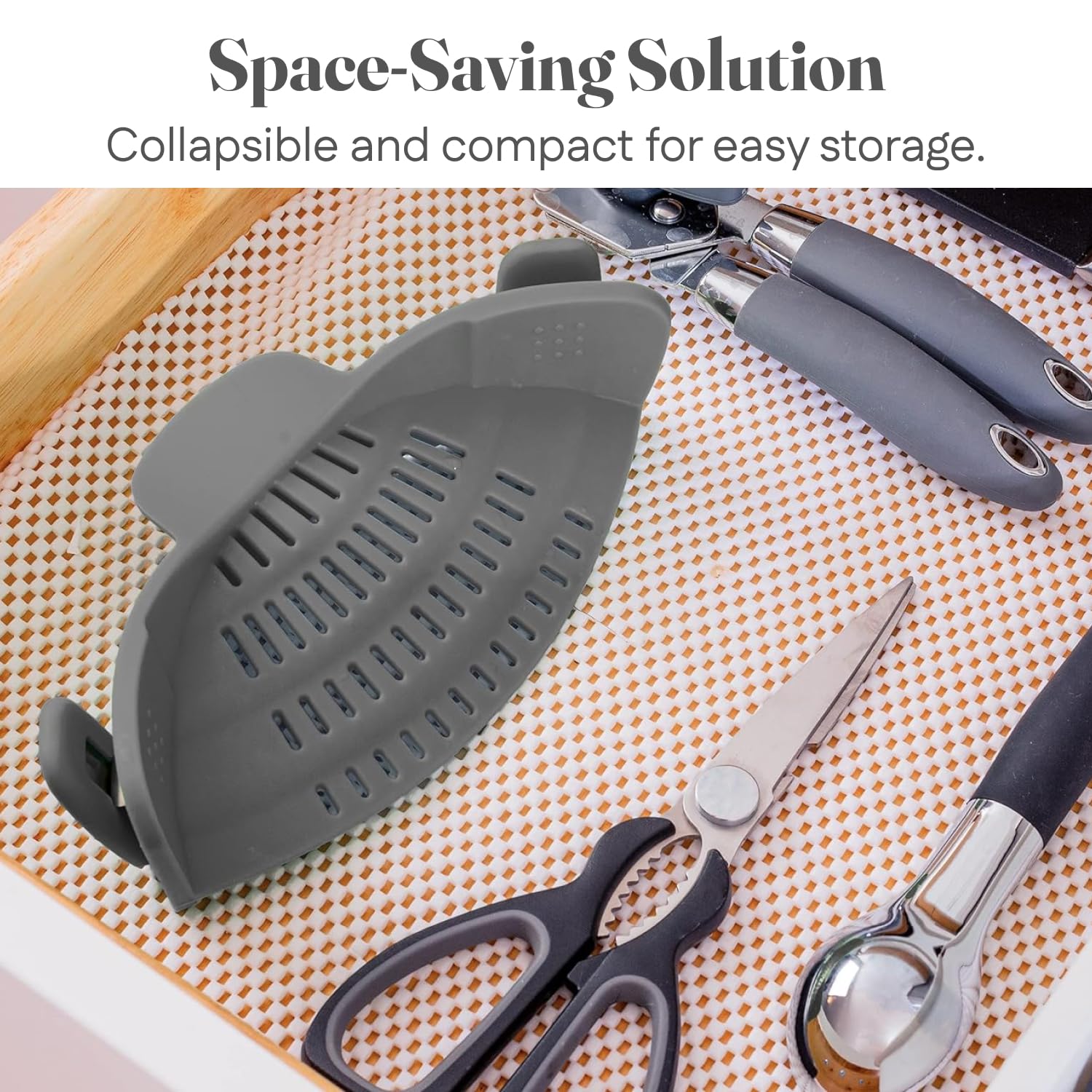 Kitchen Gizmo Snap N' Strain - Silicone Pasta Strainer Clip-On for Pots and Pans - Heat Resistant Colander for Vegetables and Noodles - Kitchen Gadgets for Cooking - Space-Saving Design - Gray