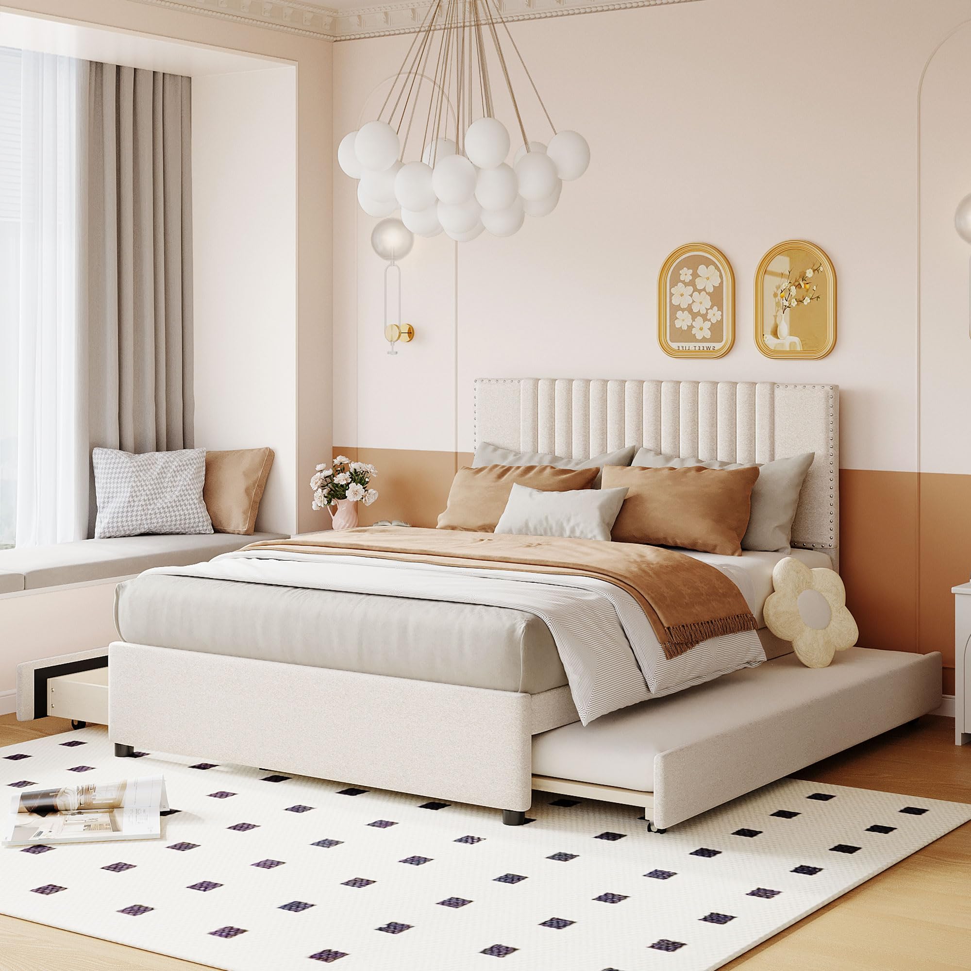 Photo 1 of (4/11/2026 ***FINAL SALE/NO RETURN, SOLD AS PARTS***)
YOPTO Full Size Upholstered Platform Bed with 2 Drawers and 1 Twin Size Trundle,Linen Fabric Bed Frame W/Tufted Stripe Headboard and Slats Support,Easy Assembly,for Bedroom,Apartment,Beige