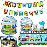 Train Birthday Party Supplies,128pcs Train Party Decorations Tableware Set, Train Plates and Cups Napkins Train Birthday Banner Tablecloth etc Train Themed Tableware