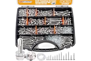 weideer 840pcs #8#10#12#14 Self Tapping Screws for Metal,410 Stainless Steel Screws Assortment Kit, Hex Washer Head Quick Tapping Self Drilling Screw with Rubber Washer (420 Sets) K-189