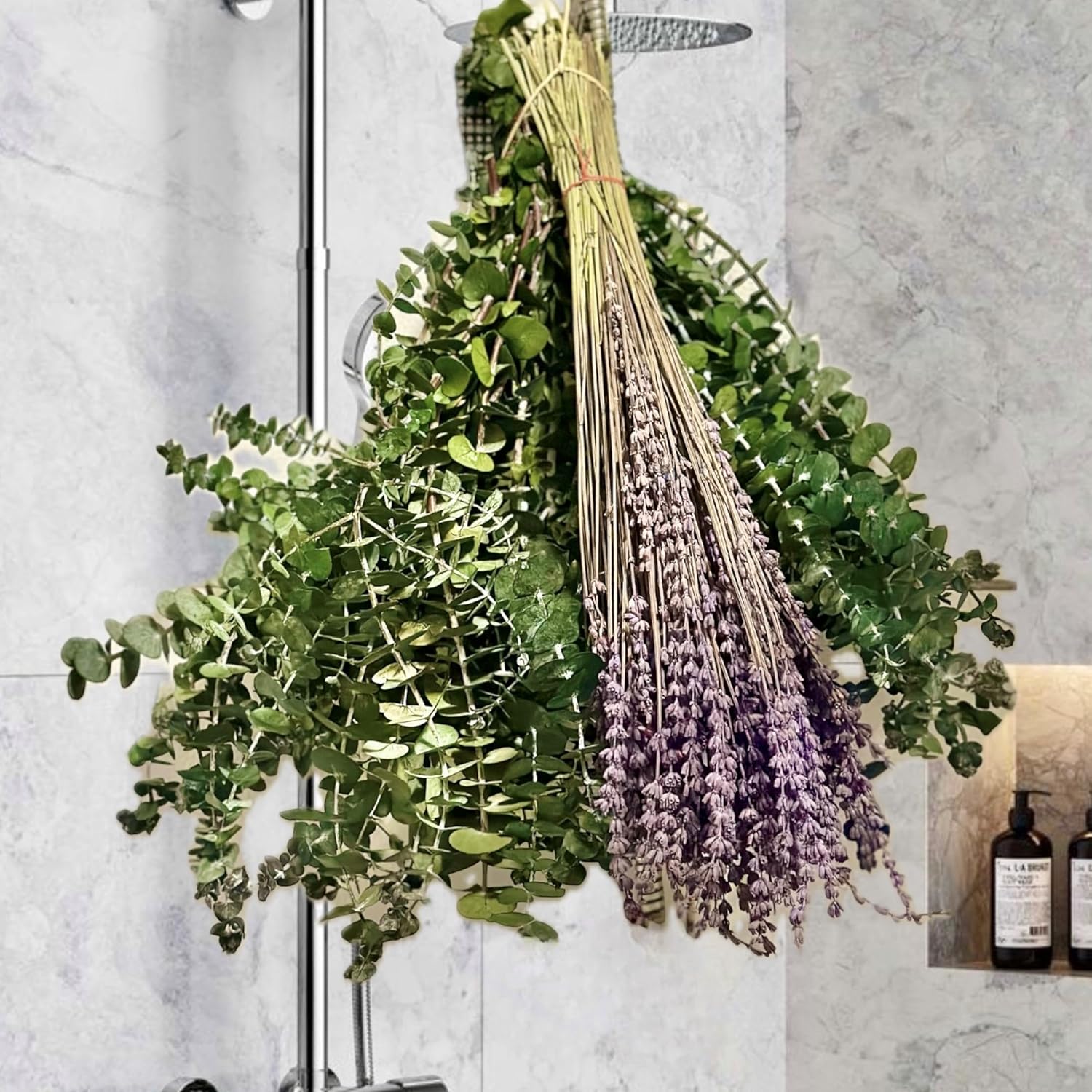 Dried & Preserved Flora - 220 PCS Eucalyptus for Shower and Dried Lavender – Eucalyptus Stems and Lavender 100% Natural Fresh Smell, Real Hanging 220 Stems Preserved Dried Eucalyptus Stems and Dried Lavender Flowers