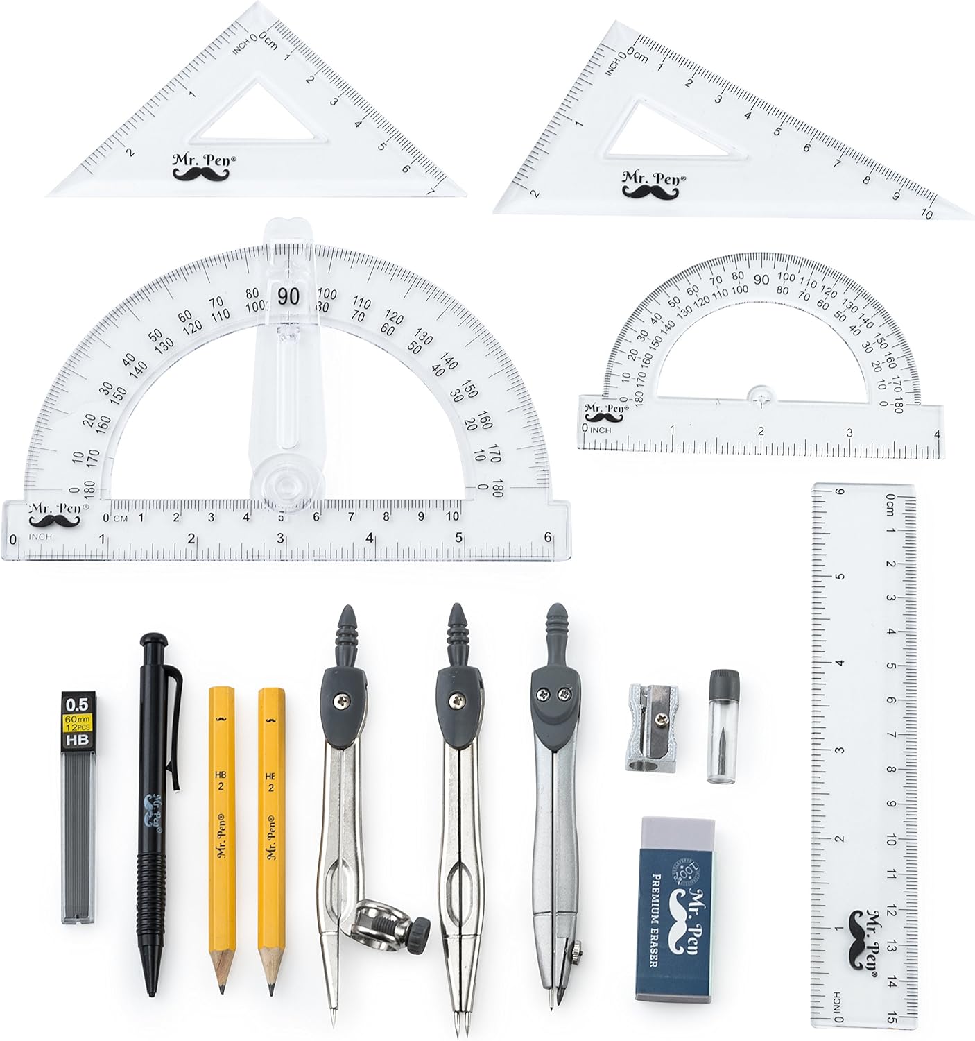 Study Geometry Set 15Pcs For Students with Swing Arm Protractor and
