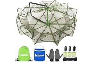 Tacklurenet 32in*10in Folded Fishing Trap, 10Holes 10Sides Fishing Bait Trap, Minnow Trap, Crawfish Blue Crab Trap, Gift: Oxford Cloth Folding Bucket/Non-Slip Gloves/Bait Bag/Bait Box/Rope/Storage Bag