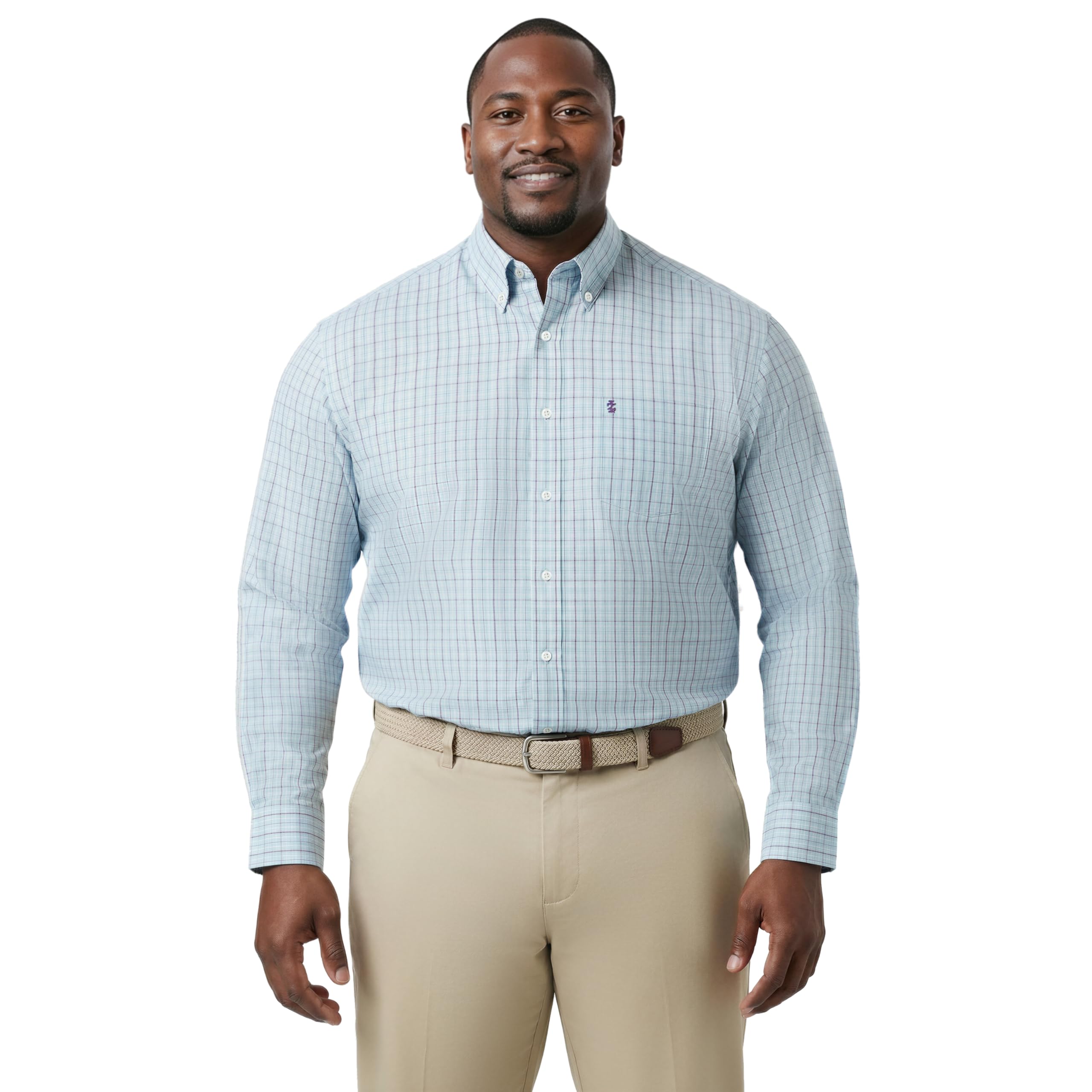 Izod Men’s Big and Tall Performance Comfort Long Sleeve Plaid Button Down, Tanager Turquoise, 5X-Large Big