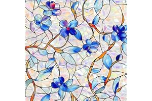 SOMWISE Window Privacy Film Stained Glass Decorative Static Cling Window Tint Sticker for Home Room Bathroom Glass Door Car Decor Rainbow Vinyl Renter Friendly one way,17.5*78.5,Blue violet Botanical