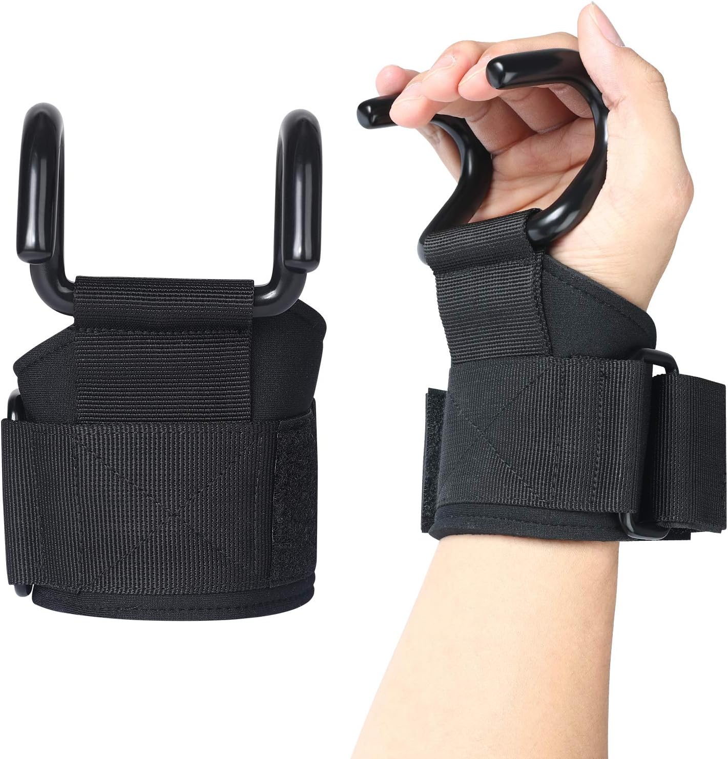 Weight Lifting Hook Straps Neoprene Padded Wrist Grips Heavy Duty Steel Power