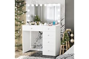 Boahaus Saranya Modern Makeup Vanity Desk with Drawers and Hollywood Light Bulbs Add-On, White, Crystal Ball Knobs, Small Vanity Desk with Mirror and Lights for Bedroom