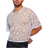 WDIRARA Men's Star Graphic Sheer Mesh T Shirt Oversized Short Sleeve Tee See Through Party Club Tops