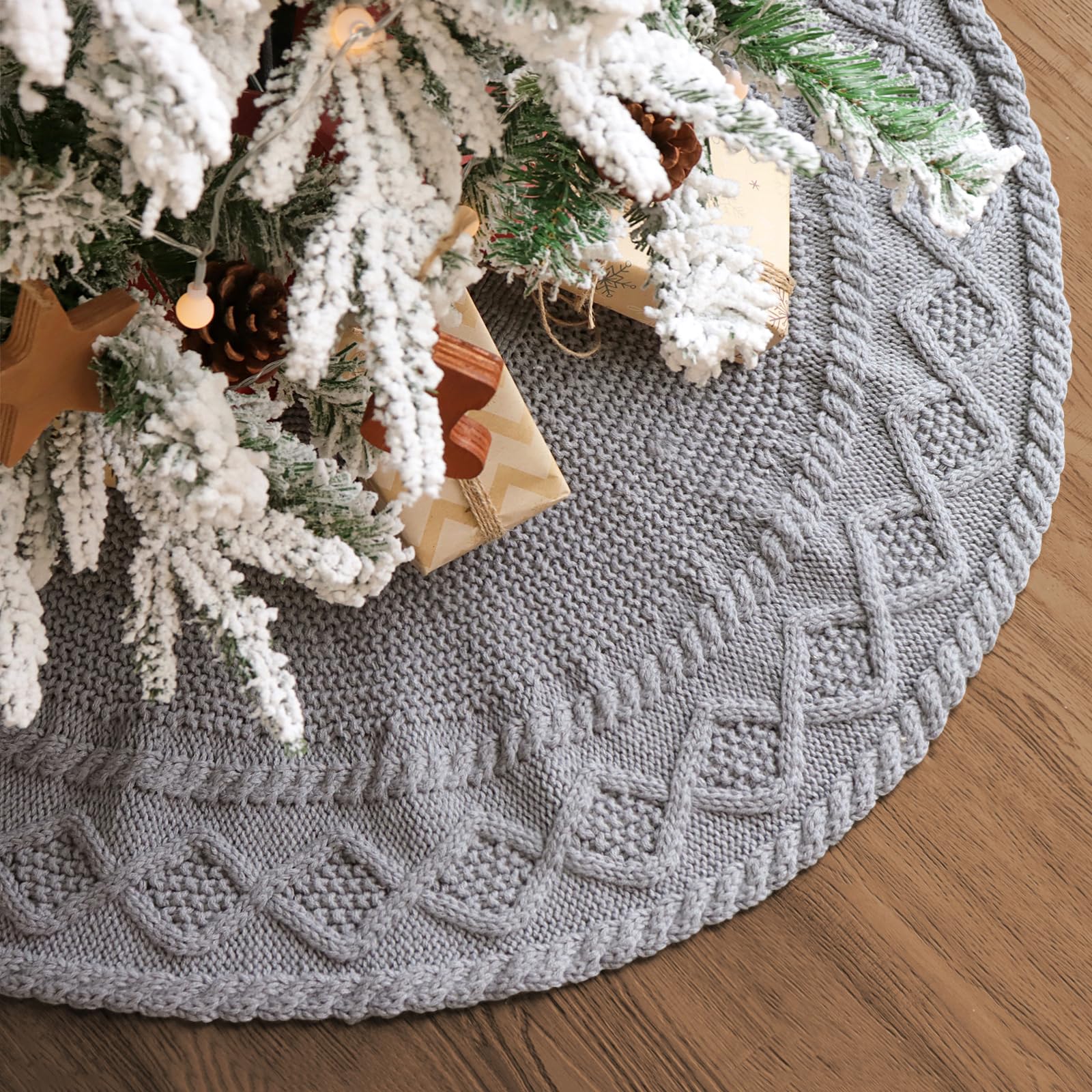 Photo 1 of 36 inch Christmas Tree Skirt: Pencil Tree Skirt for 6ft Tree, Diamond Edge Knit Grey Small Tree Skirt, Vintage Tree Skirts, Rustic Farmhouse Christmas Decorations