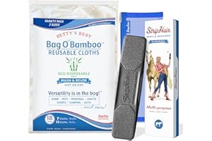StripHair Horse Bundle 3pc Gentle Groomer 6-in-1 Shed Groom Massage, Bag O' Bamboo Reusable Cloths 2 sizes, Storage Pouch